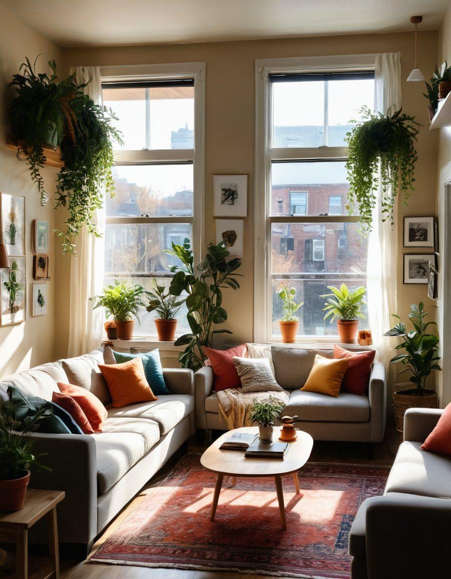 A cozy and inviting shared living space with two diverse individuals engaging in a friendly conversation, surrounded by playful decor, plants, and personal touches that reflect their personalities. Sunlight streaming through large windows, creating a warm ambiance that embodies friendship and collaboration. Include elements like a communal kitchen and a cozy reading nook to signify co-living. super-realistic. vibrant colors. soft lighting.