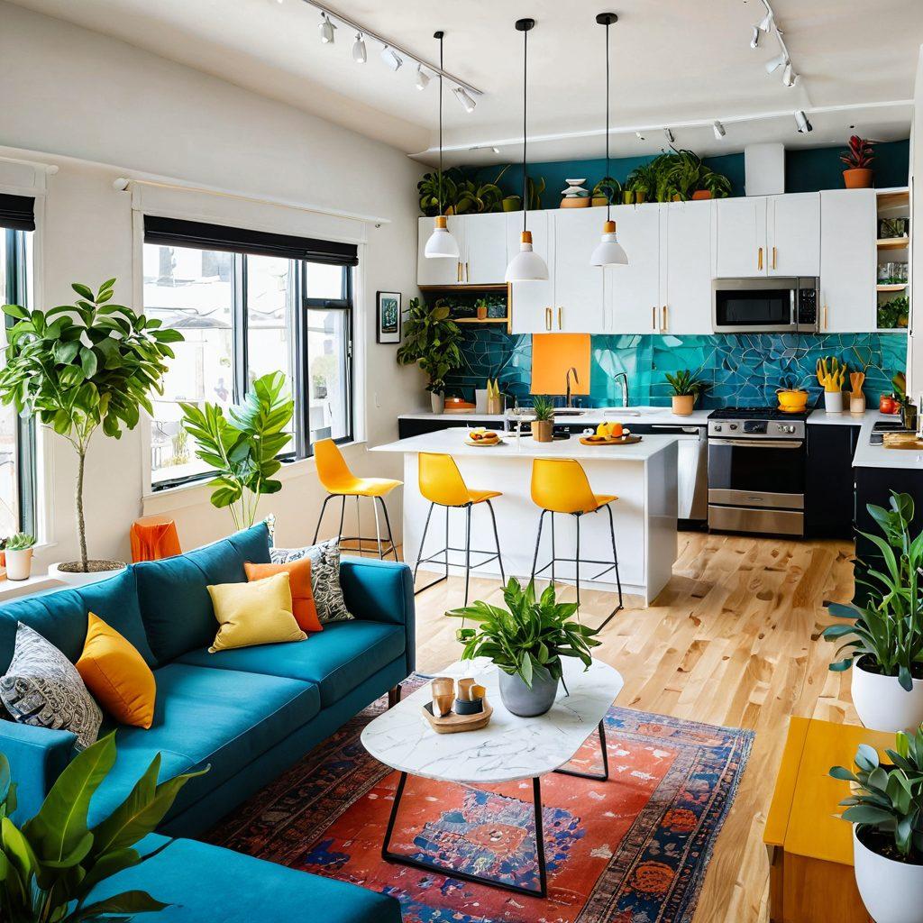 A vibrant, modern co-living space bustling with diverse individuals collaborating and socializing. Include cozy shared areas like a kitchen and living room filled with plants and art, symbolizing community. Show a digital map or infographic overlay highlighting housing solutions. Bright colors to convey energy and inclusivity. super-realistic. vibrant colors. 3D.