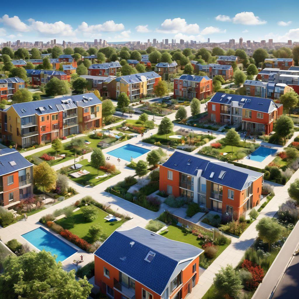 A modern urban landscape showcasing diverse community living spaces, with people of various ages interacting in communal gardens and parks, vibrant housing units, and a clear blue sky overhead. Include visual elements like infographics illustrating housing market trends, such as price tags and charts subtly blended into the scene. super-realistic. vibrant colors. 3D.